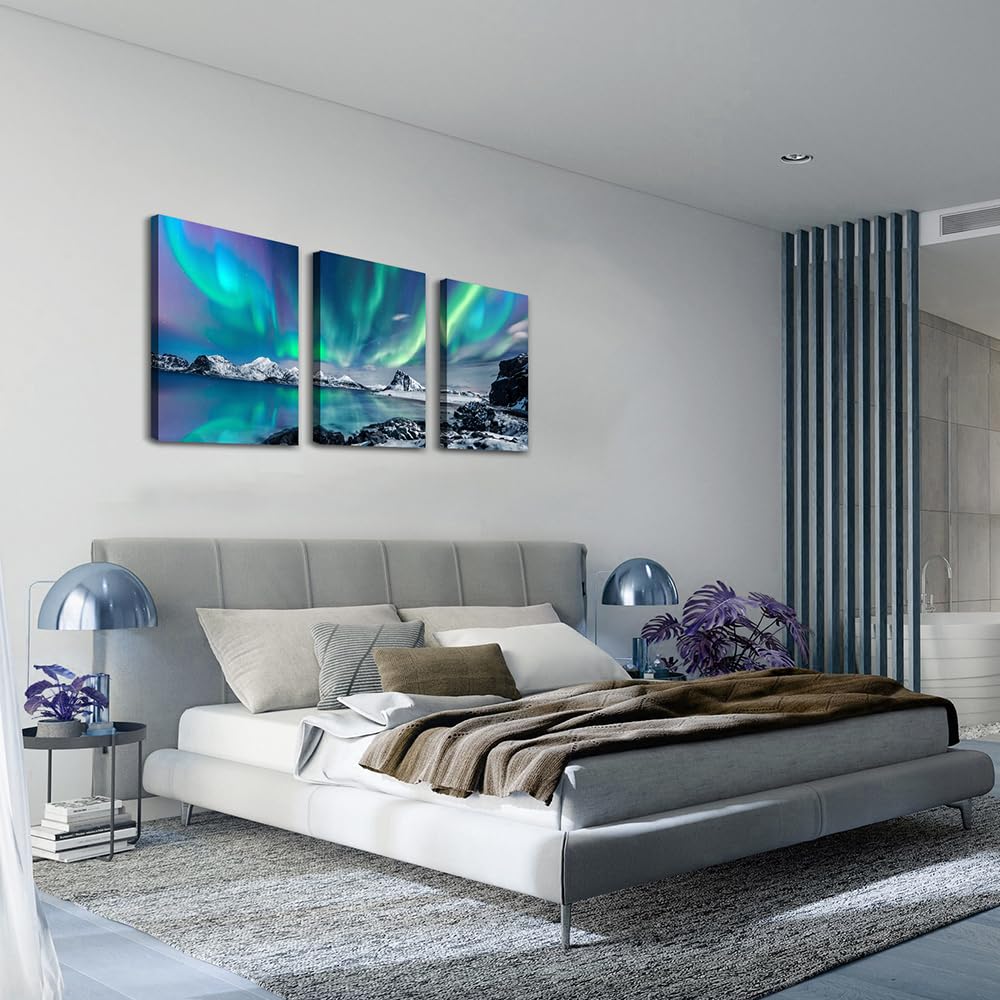 Wall Art Wall Decor Office Decor Abstract Mountain Aurora Landscape Painting 3 Piece Scenic Framed Canvas Art Prints