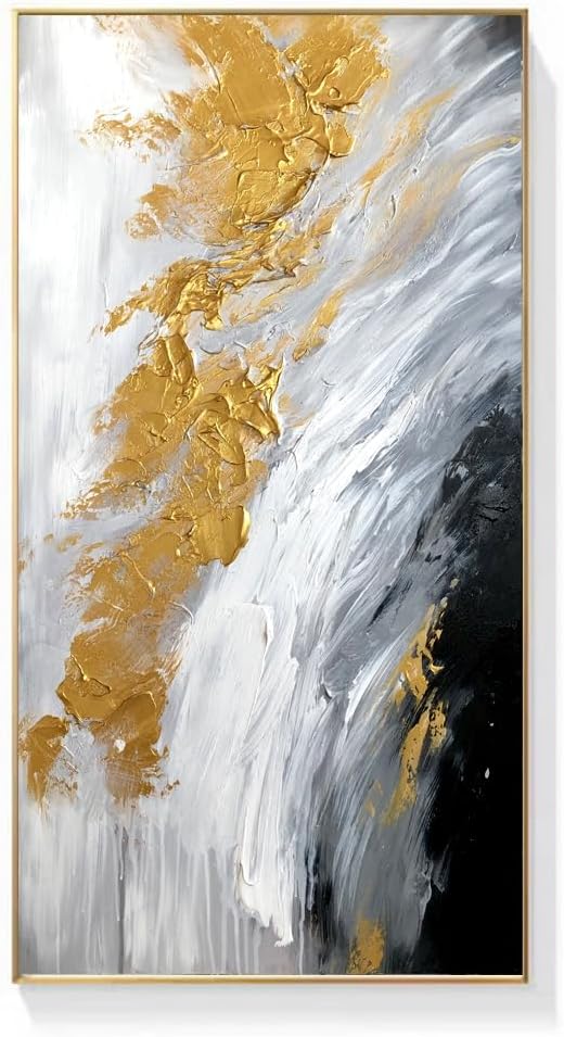 Hand-Painted Black and White Abstract Oil Painting on Canvas for Entrance-Hall, Framed Gold Wall Art ,Large 3D Wall