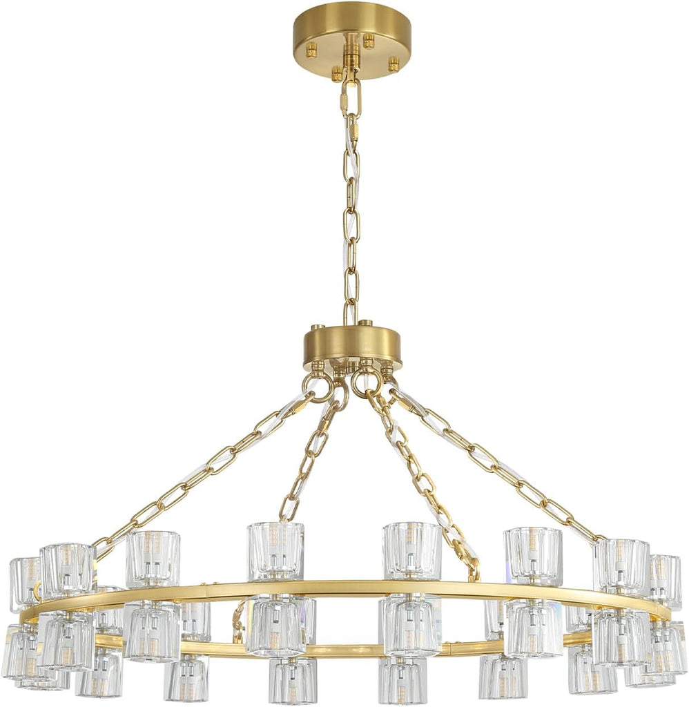 Inspired Arcachon Style Round Wagon Wheel Chandelier, 32" 32-Light Gold, Extended 32" Chain — Foyer, Dining & Living Room