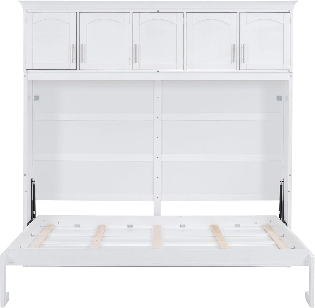 Queen Horizontal Murphy Bed with Storage Cabinet,Wood Folding White Murphy Wall Bed for Adult
