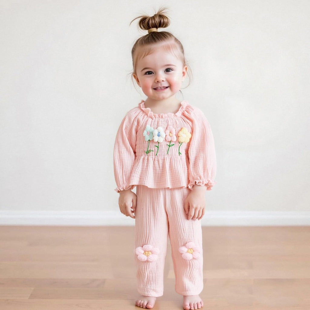Toddler Baby Girl Outfits Infant Puff Sleeve Smocked Floral Tops Pants Cute Kids Girls Fall Winter Clothes Set