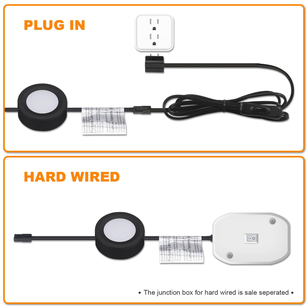 Wired LED Puck Lights Kit 2.68" Wide 3000K, 120V Plug-in or Hardwired Installation with Recessed or Surface Mounted