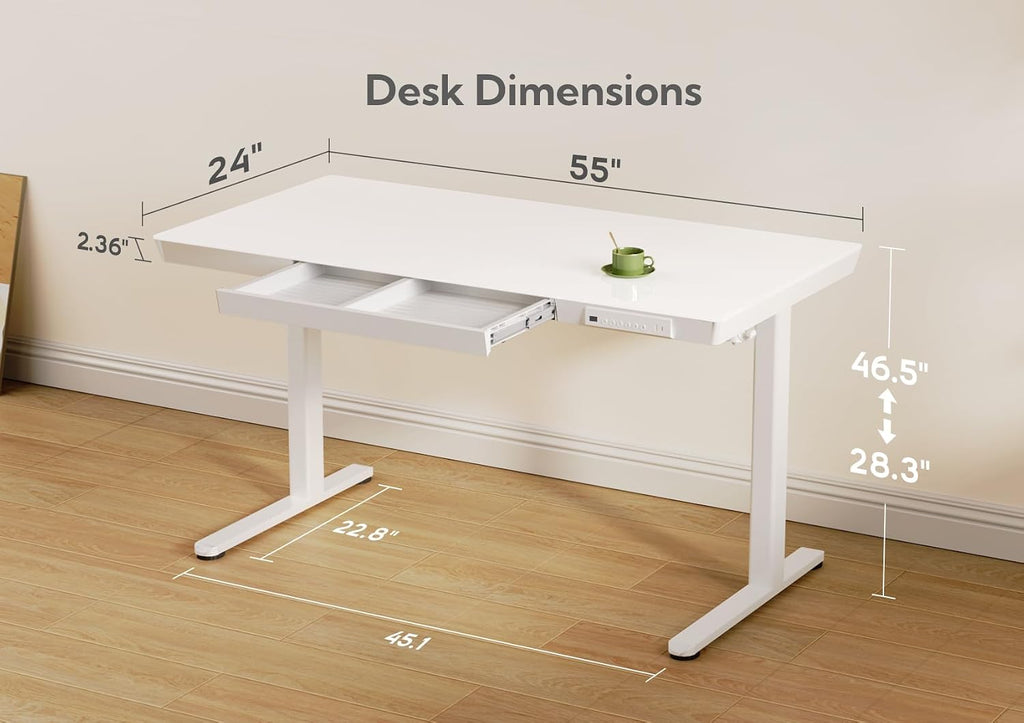 Glass Standing Desk with Drawers & USB Ports 55x24 Inch, White | 3 Steps Quick Install, 2 Zones Drawer, USB Ports