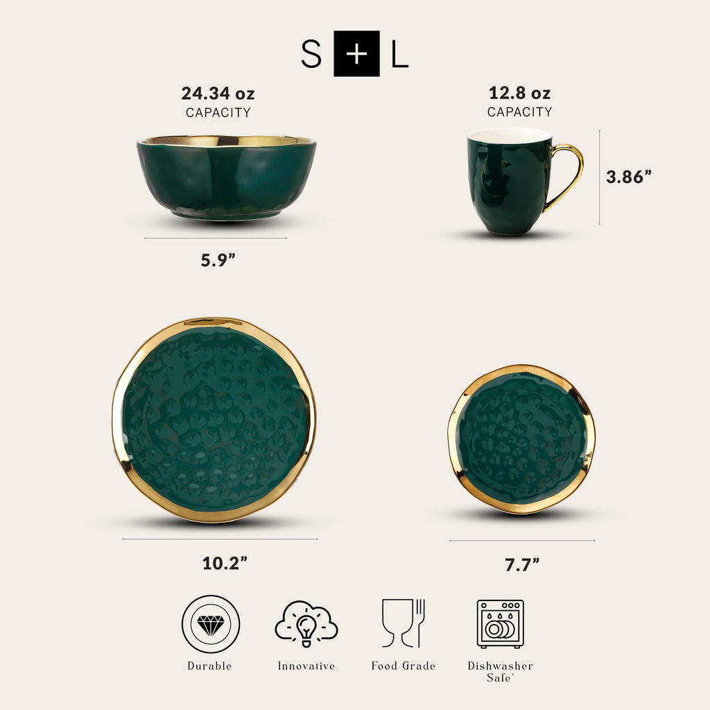 Florian Modern Porcelain 16 Piece Dinnerware Set, Plates and Bowls Set, Dish set for 4, Green and Golden Rim