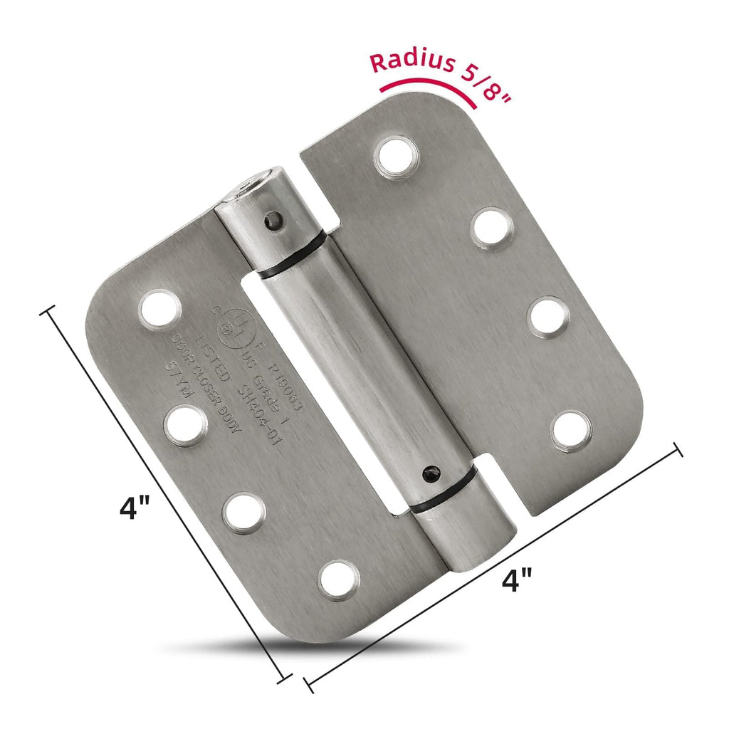 4 Inch Self Closing Door Hinges, 5/8 Inch Radius, Satin Nickel, 2 Pack