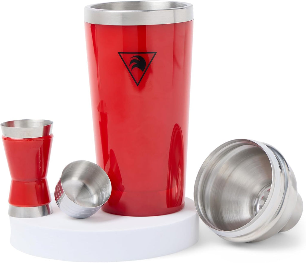 Cocktail Shaker Set 17oz - Red Stainless Steel Cobbler Shaker with Jigger, Leak-Proof & Non-Slip Base - Premium Bar