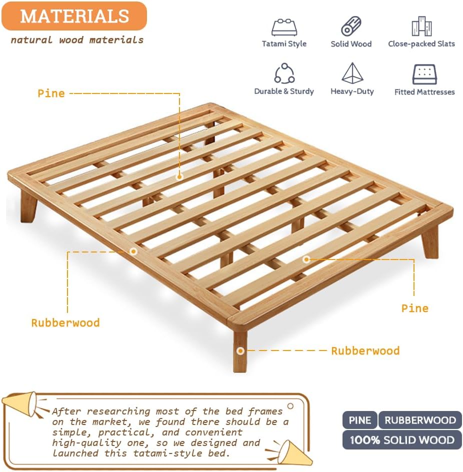California-King Wood Platform Bed Frame, 14 Inch Bed Base, Oak