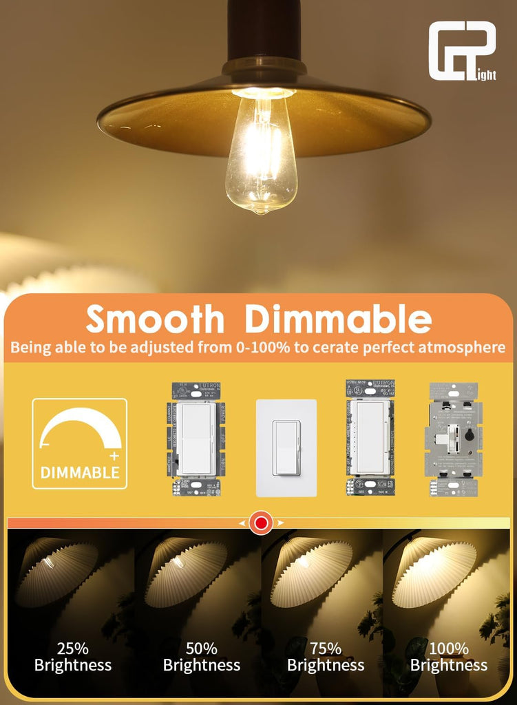 2W Dimmable LED Edison Bulb ST14 E26 3000K Soft White, 8 Pack