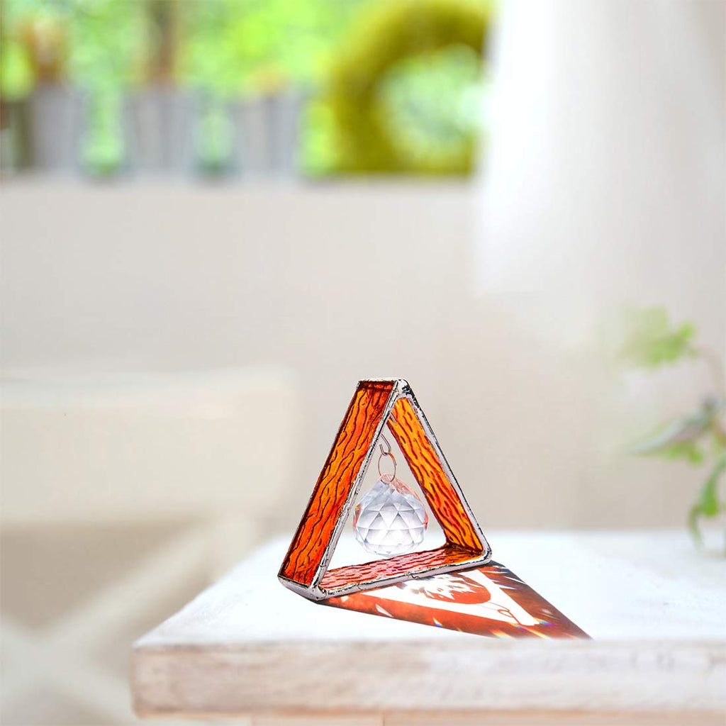 Orange Stained Glass Pyramid Suncatcher with Crystal Ball