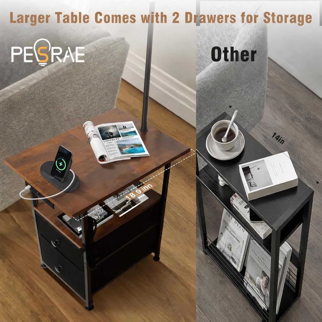 Floor Lamp with Table & 2 Drawers, End Table with Lamp, Rustic Brown