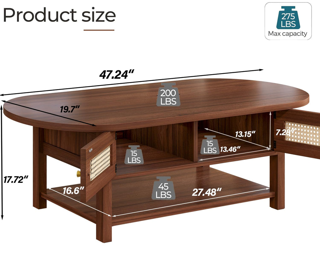 Oval Coffee Table, 47" Rattan Boho Wood Living Room Table with Storage