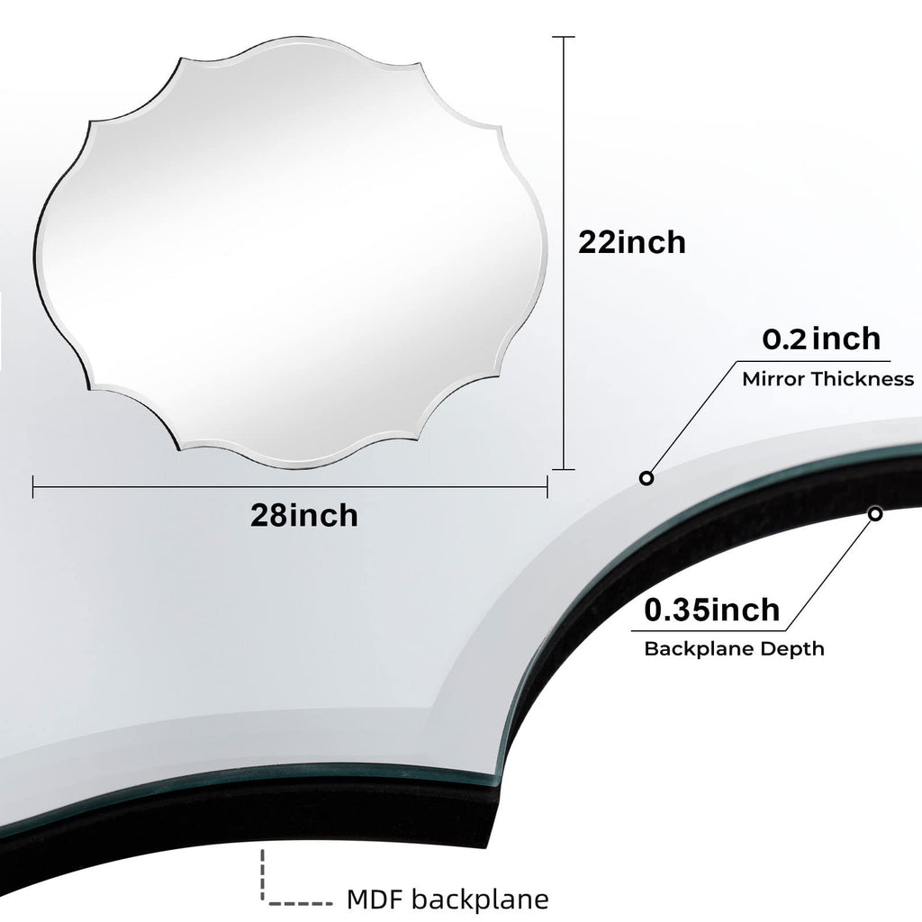 22x28 Frameless Oval Wall Beveled Scalloped Silver Wall with MDF Backplane Over Bathroom Sink for Vanity, Bedroom or