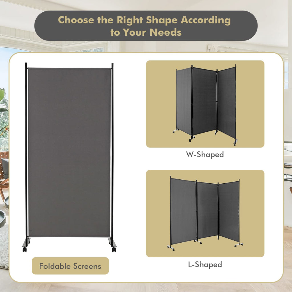 3 Panel Folding Room Divider with Wheels, 103" x 71", Gray
