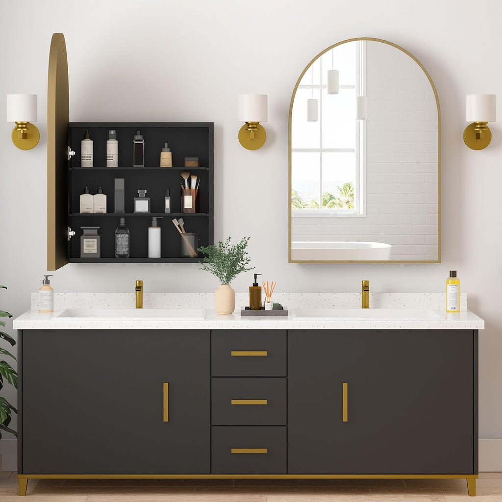Medicine Cabinets , Gold Arched Medicine Cabinet Recessed or Surface Wall-Mounted,Modern Bathroom Vanity Mirror with