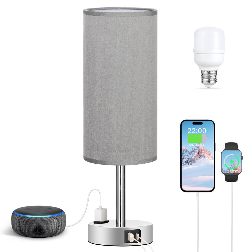 Grey Bedside Lamp, Dimmable Touch, USB A+C, AC Outlet