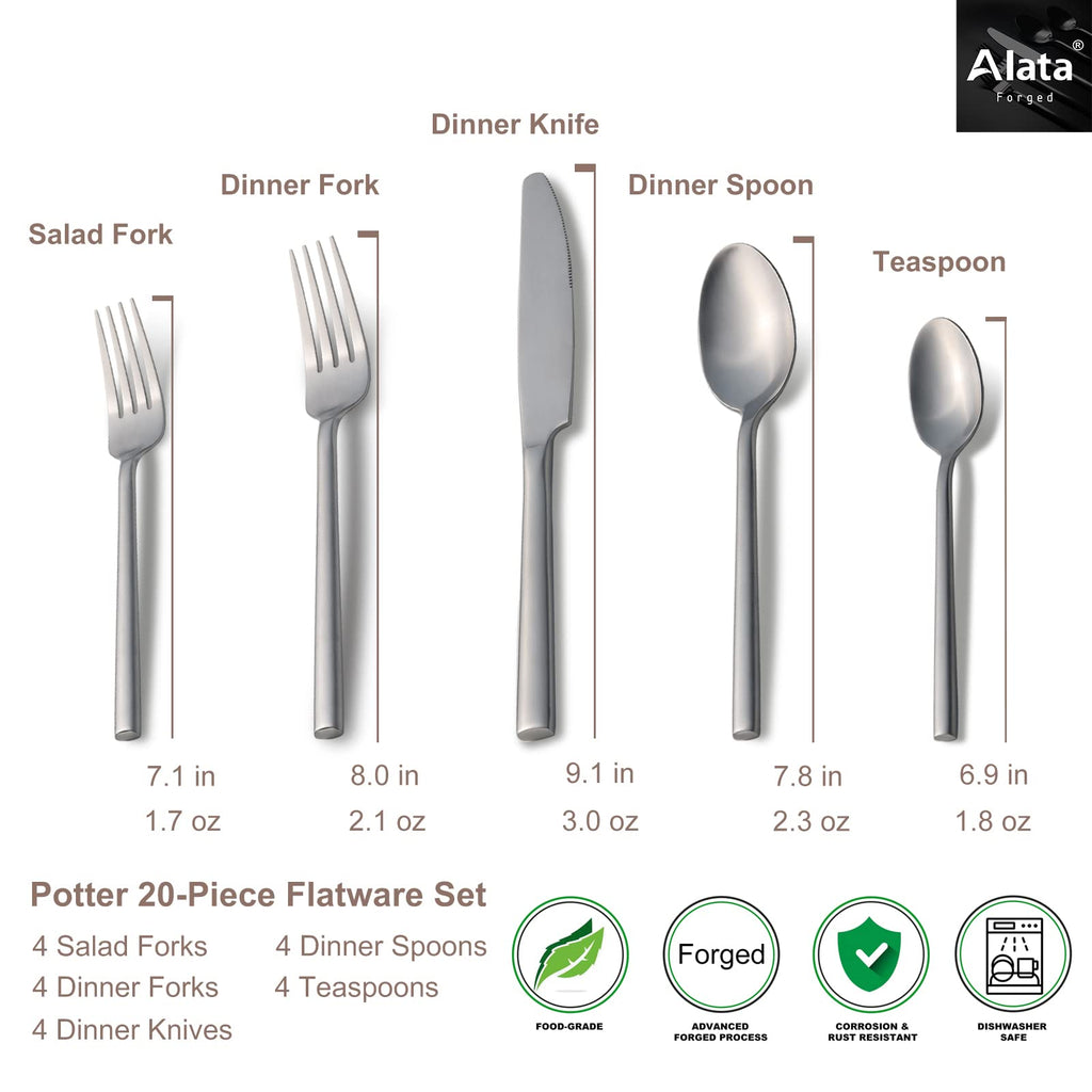 Potter 20-Piece Forged Stainless Steel Matte Flatware Set for 4