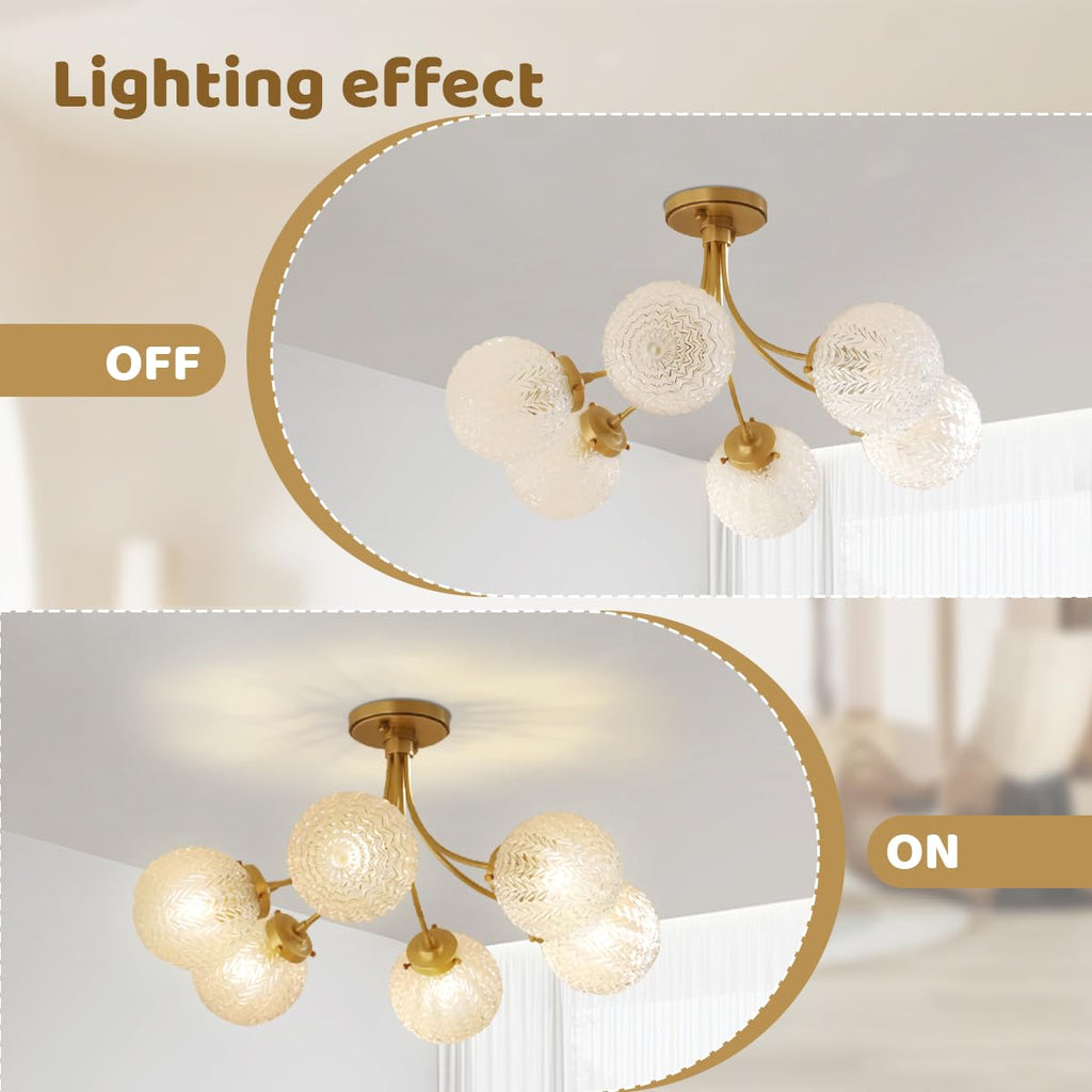 6-Light Snowflake Glass Chandelier, Vintage Flush Ceiling Light