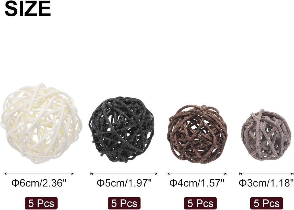 Vase Filler Decorative Balls, 2.4/2/1.6/1.2" White/Black/Coffee/Gray Wicker Rattan Decor, Balls Bowl Fillers - Set of 20