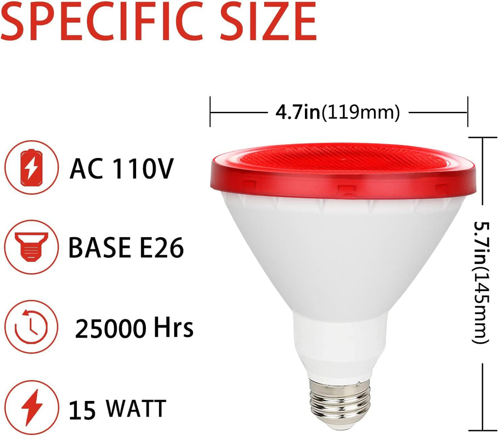 Red LED PAR38 Flood Light Bulb, 15W (100Watt Equivalent), E26 Base, 2 Pack