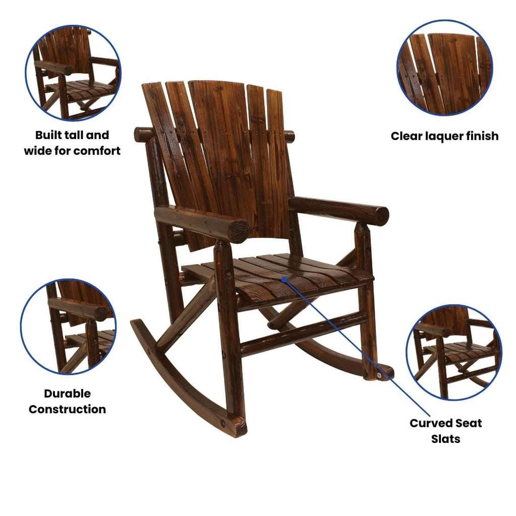 Char-Log Single Rocker, Adult Outdoor Indoor Wood Rocking Chair, Solid Pine and Fir Construction, Brown Finish for