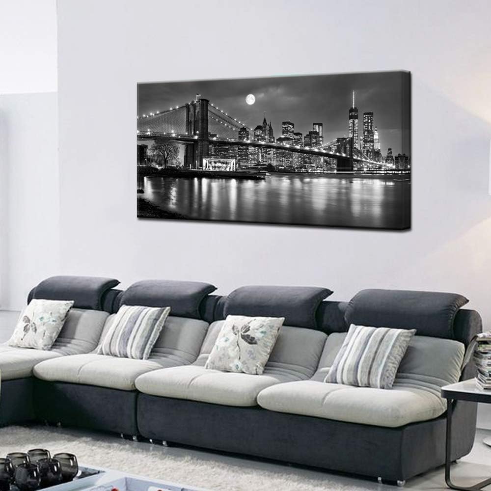 Black and White New York Picture Brooklyn Bridge Canvas Wall Art Full Moon Night Manhattan City Poster Canvas Print