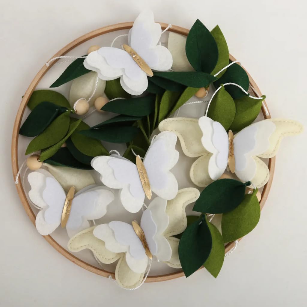 Butterfly Mobile for Crib - A Beautiful Neutral Butterfly Crib Mobile with Green Leaves, White and Gold Detail