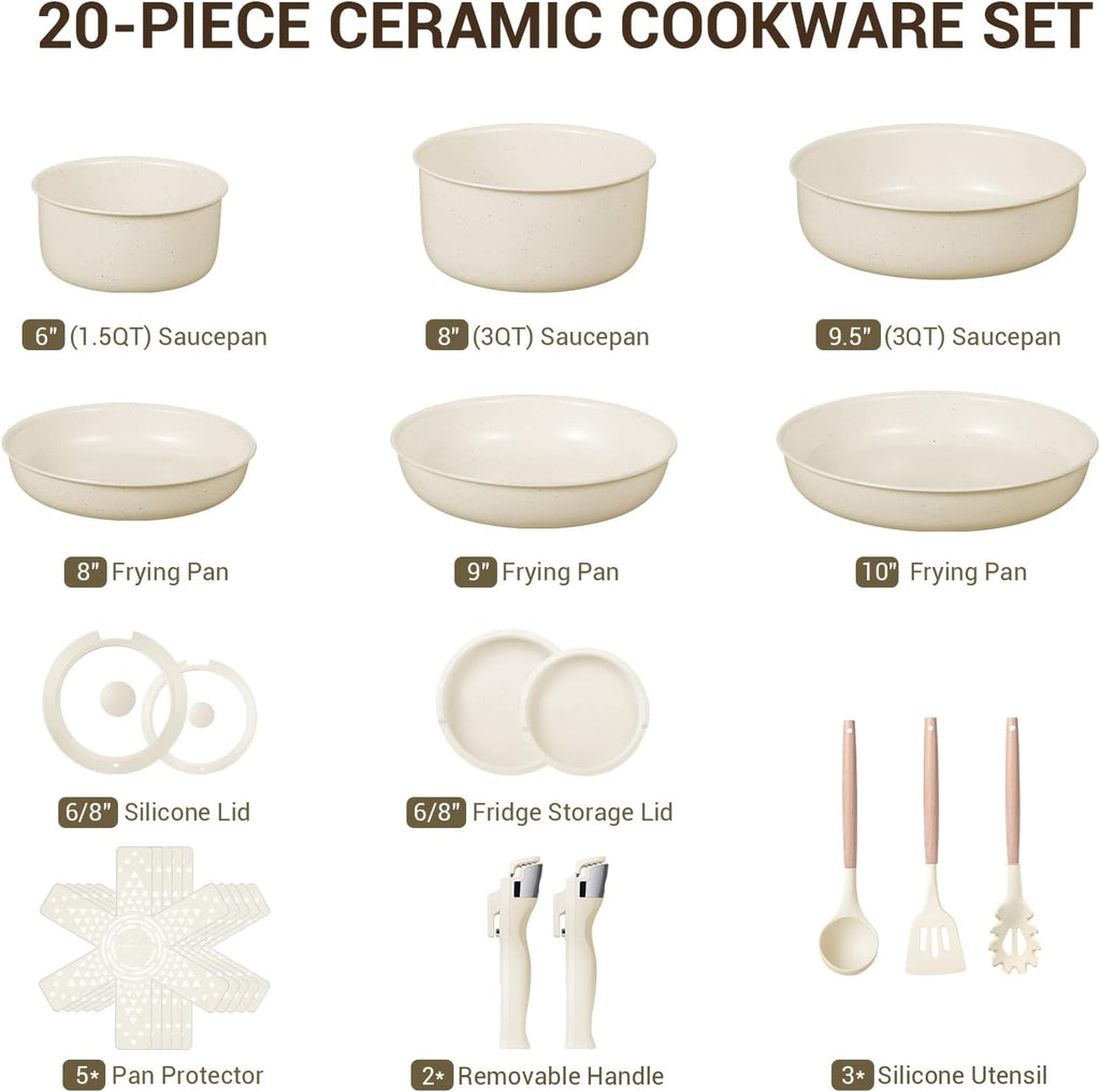 18-Piece Ceramic Pots and Pans Set Non Stick, Non Toxic Cookware Set with Removable Handles, Pot Sets for Cooking