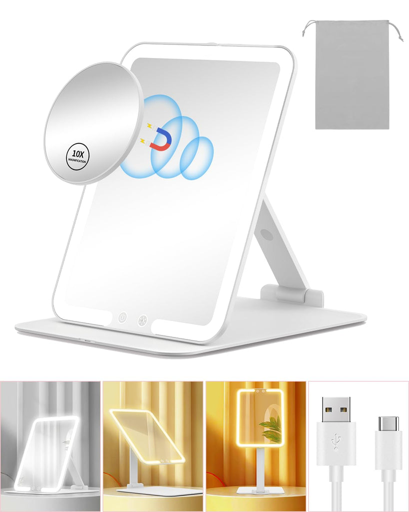 Travel Makeup Mirror with Lights and Magnification 10X, White