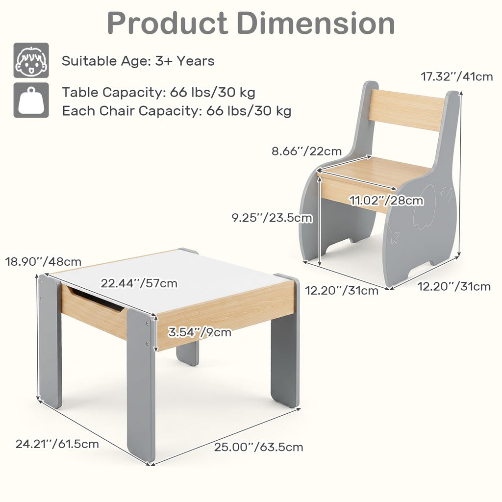 3 in 1 Kids Table and Chair Set, Wood Multi Activity Table with Removable Tabletop Storage, Detachable Blackboard for