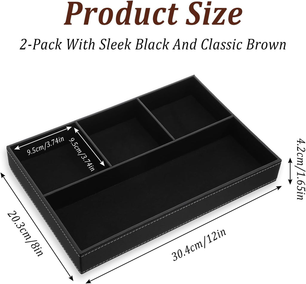 Leather Valet Tray for Men - Premium PU Leather Desk & Nightstand Organizer, Stackable Storage Tray for Keys - Set of 2