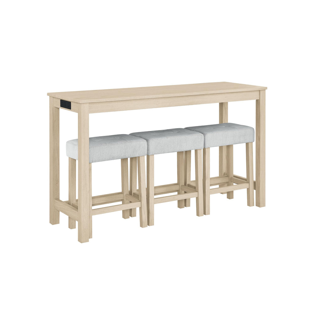 Industrial 3-Person Counter Height Bar Table Set with Power Outlet, 4-Piece Dinette Set with Padded Seat Stools