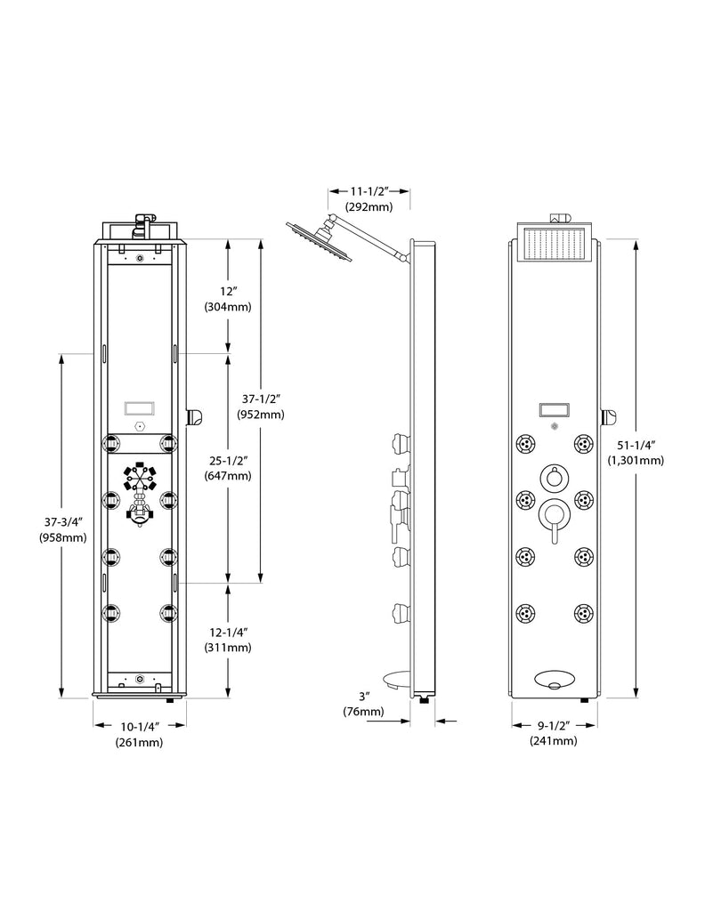 52" Aluminum SPA392B Shower Panel Tower System with Rainfall Shower Head and 8 Adjustable Massage Jets (Black)
