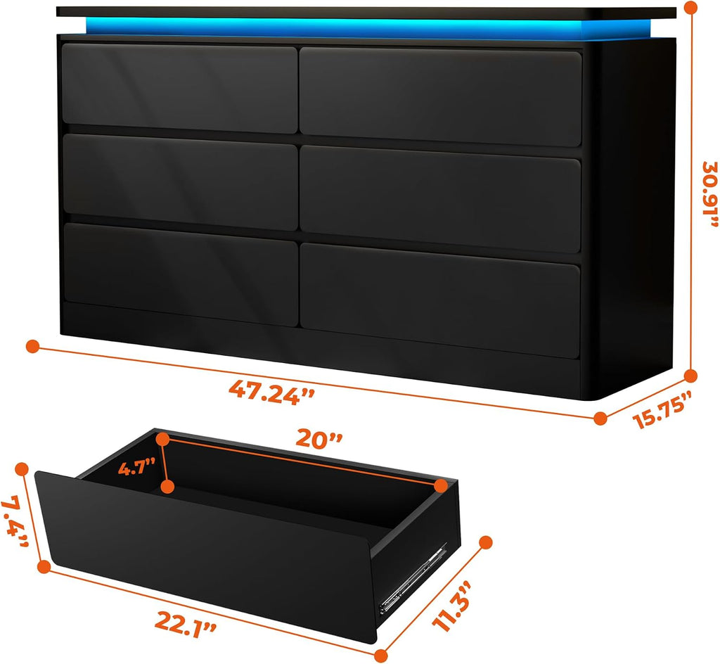6 Drawer Dresser , 47.2" Black Chest of Drawers w/LED Lights | Double Wooden Closet Storage Cabinet with Charging