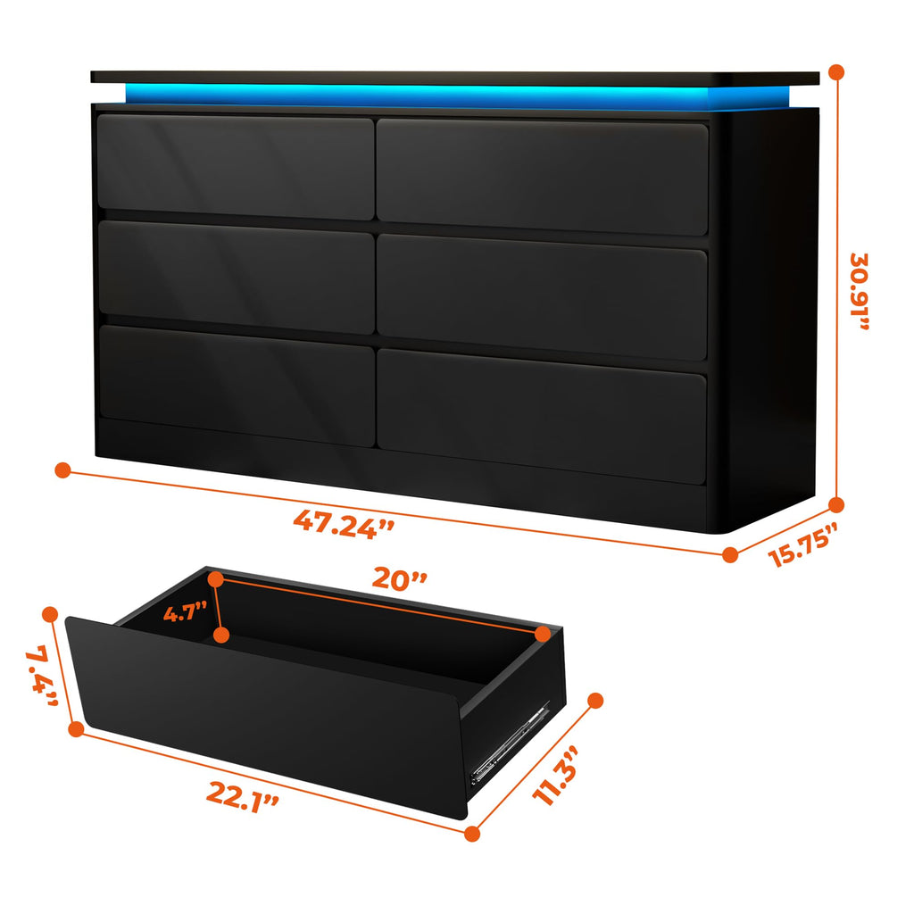 Upgraded 6 Drawer Black Dresser, 47.24" Long Chest of Drawers with Charging Station & LED Lights, Wooden Storage