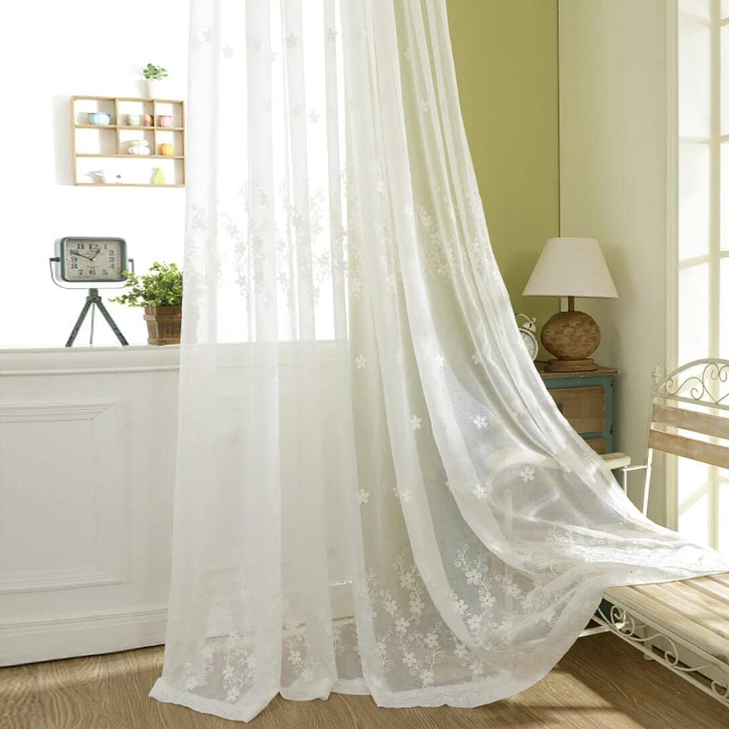 White Rod Pocket Sheer Curtains 96 inches Length, Embroidered Window Curtain Sheer Voile Panels , 60x96, Two Panels
