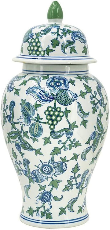 Porcelain Ginger Jar with Elegant Blue and Green Cherry Blossom Motifs, Decorative Lidded Jar, Traditional Home