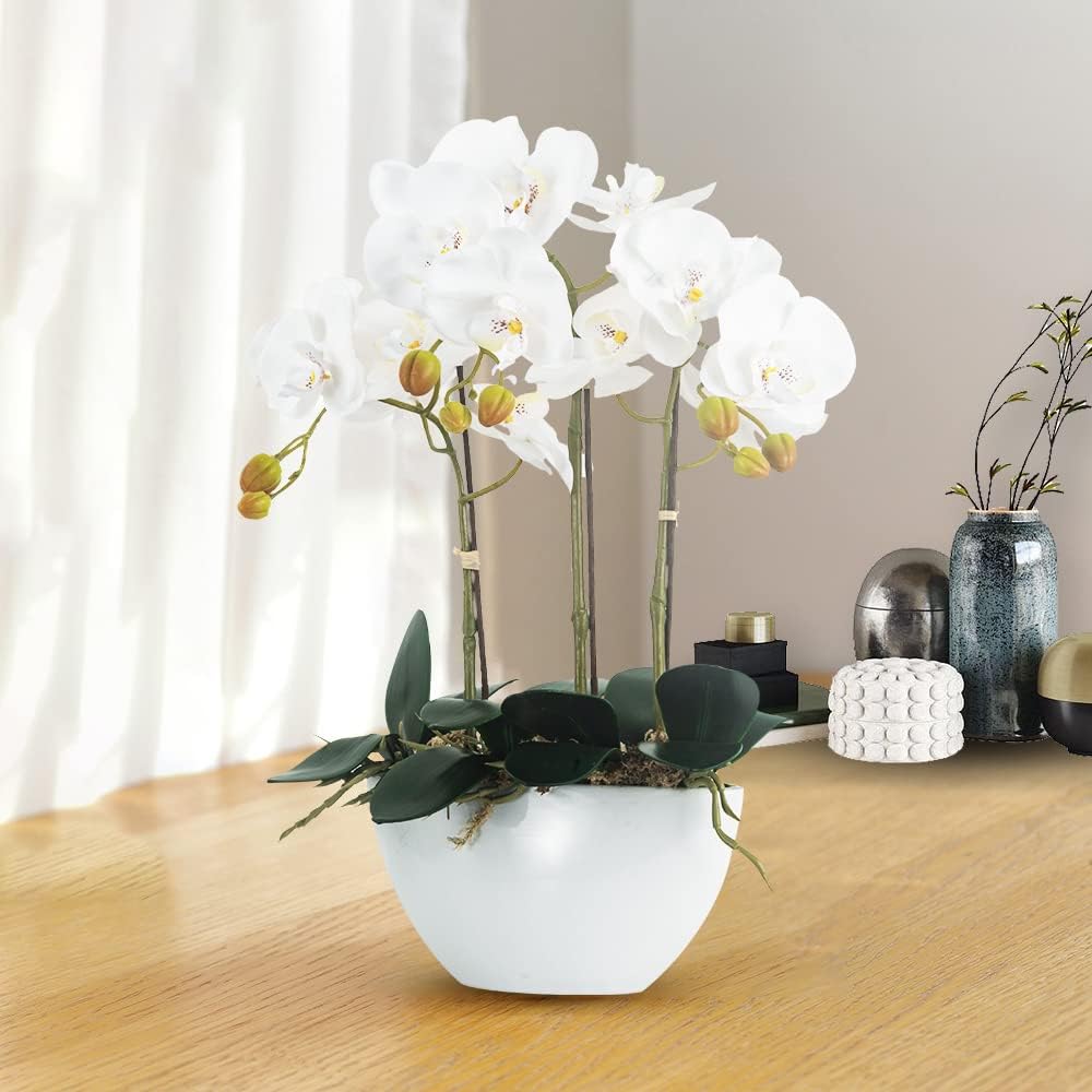 Artificial Orchid Flowers Potted in Ceramic Pot, White Faux Phalaenopsis Orchids for Table Centerpiece, Realistic