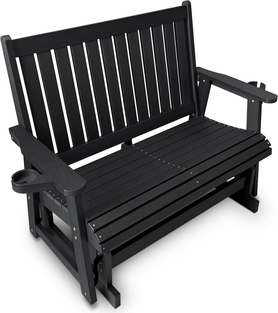 Patio Glider Two-Seat with Cup Holders, Durable HIPS Material, All-Weather Resistant, High Backrest and Deep