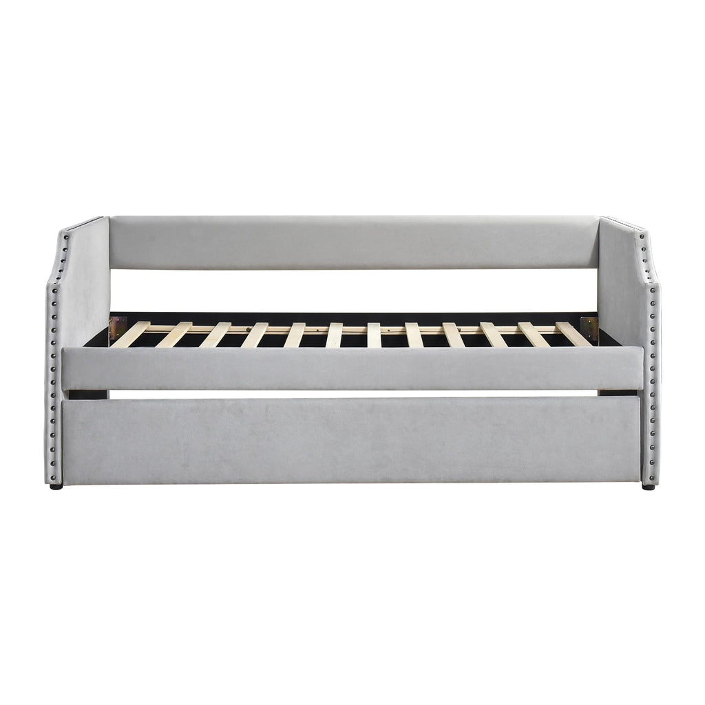 Twin Daybed with Trundle, Nailhead Trim, Fabric, Gray