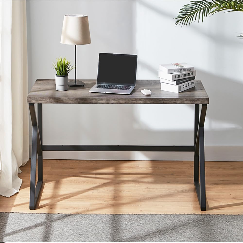 Office Desk, Industrial Metal Wood Computer Desk, Gray Oak 47 Inch