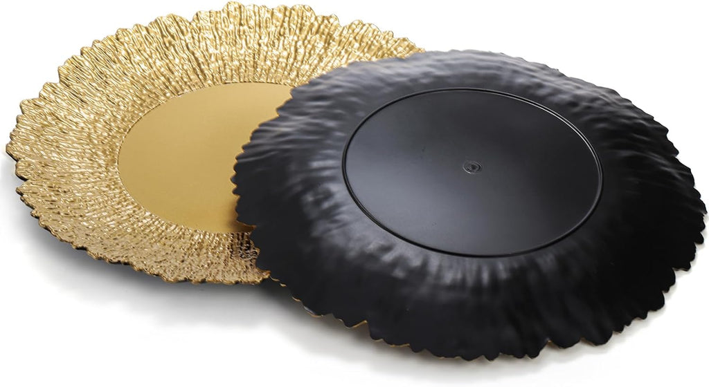 Gold Charger Plates, 13" Plastic Reef Serving Chargers for Dinner Plate Reusable Round Shiny Decorative - Set of 12