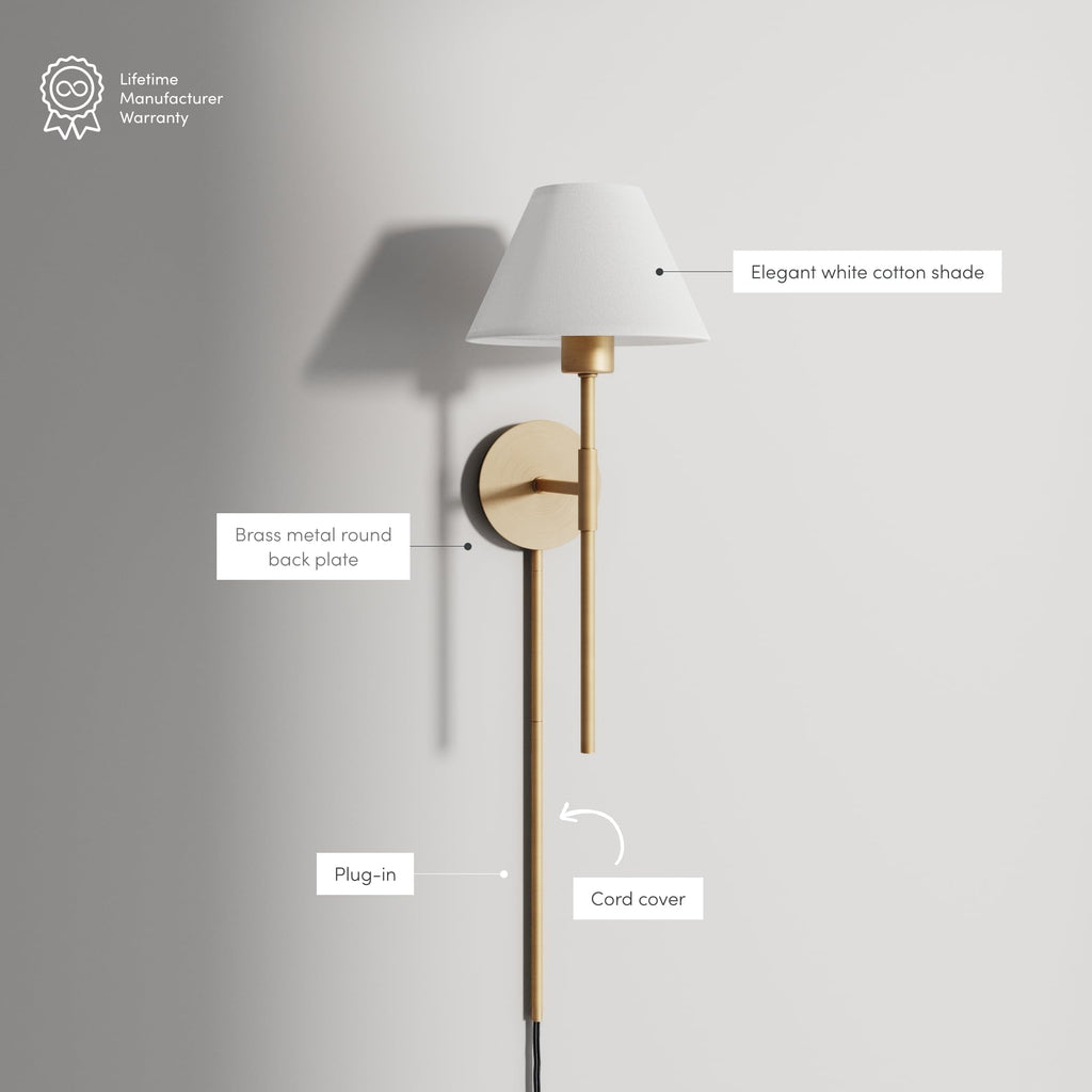 Millie Plug-in Wall Sconce, Wall Mounted Bedside Reading Lamp with Cotton Shade and Brass Back Plate, Set of 2