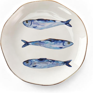 Sardines Ceramic Jewelry Tray with Gold Rim Small Decorative Trinket Dish Ocean Fish Key Tray for Rings Earrings