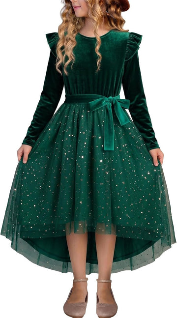 Girls Long Sleeve Velvet Ruffle Mesh Formal Dress