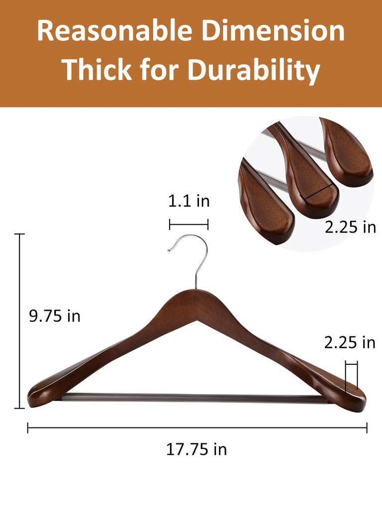 Wide Shoulder Wooden Hangers 8 Pack Coat Hanger with Non Slip Pants Bar, Heavy Duty Suit Hanger Wood Clothes Hangers