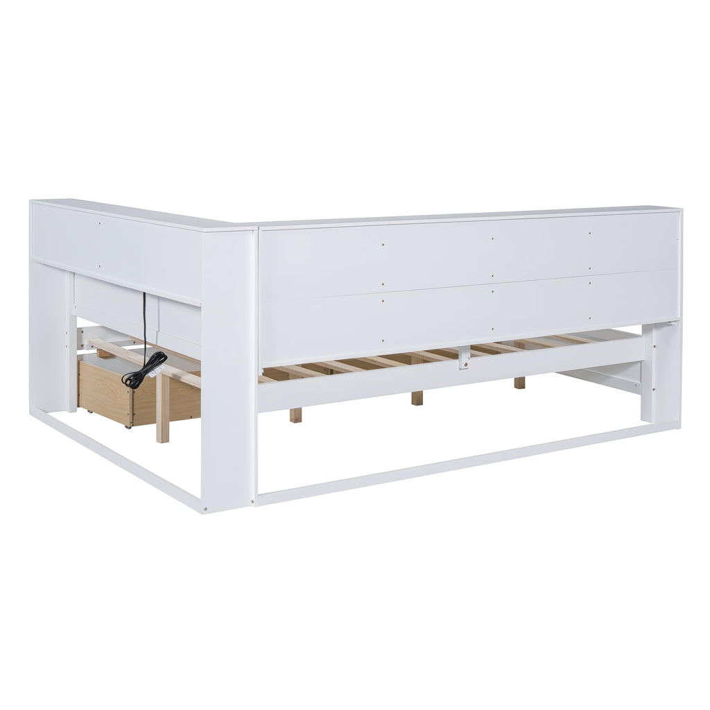 Wooden Full Size DayBed with Twin Size Trundle, DayBed with Storage Shelf and USB Charging Ports, White