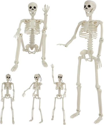 Halloween Skeleton Decorations, 2 Pack 36" Full Body Joints Posable Skeleton with 3 Pack 16" Hanging Skeleton, Creepy - Set of 2