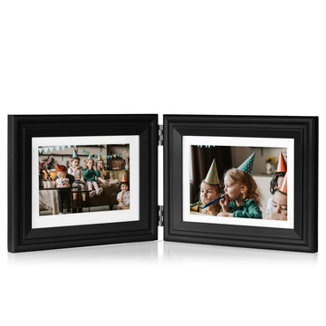 5x7 Double Horizontal Hinged Wood Picture Frame Folding Photo Frame with Real Glass Front in Black for Tabletop
