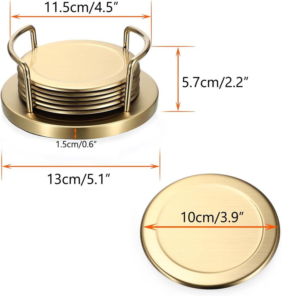 Stainless Steel Metal Round Coaster with Holder for Drinks - Set of 6