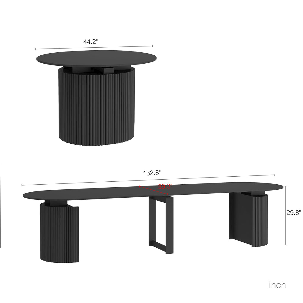 44 in-132 in Extendable Round Dining Table for 4-12, Long Large Expandable Kitchen Table with Fluted Base, Space